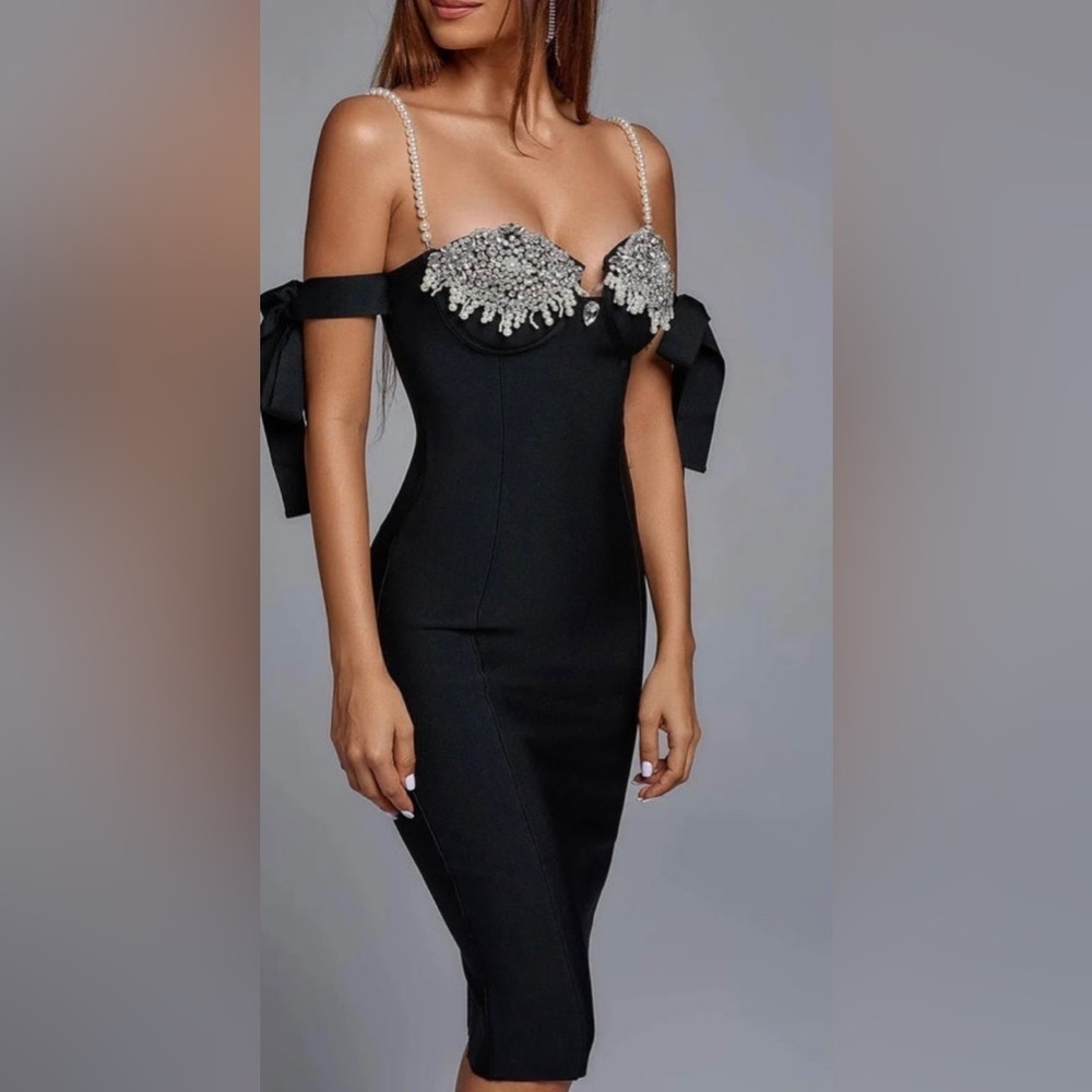 Diamonds and Pearls Beading Elegant Bandage Evening Midi Dress